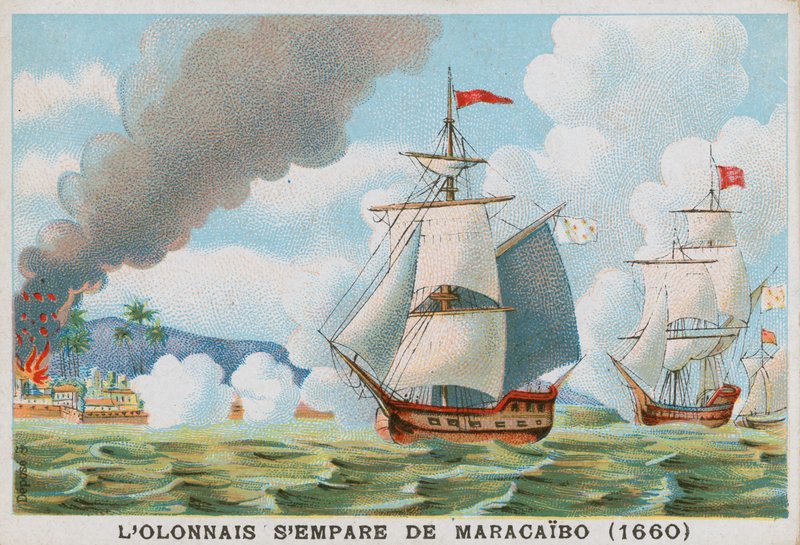 Ranskalainen merirosvo Francois lOlonnais hyökkää Maracaiboon vuonna 1660 tekijältä French School