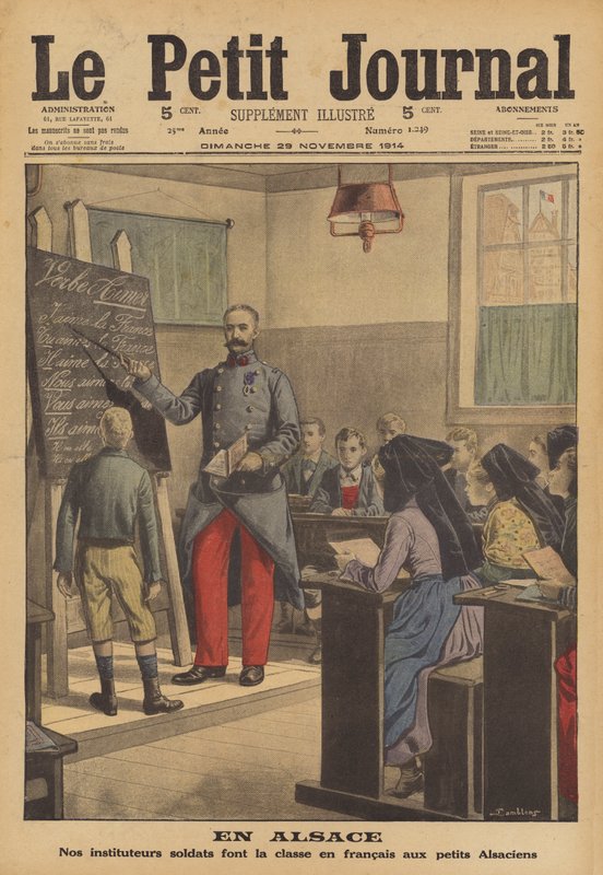 Ranskalainen sotilas opettaa koululaisten luokkaa ranskaa Elsassissa (väri litho) tekijältä French School
