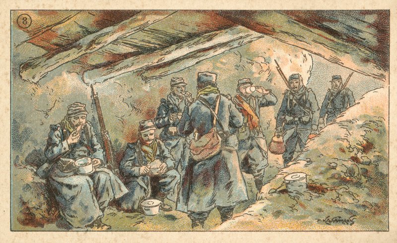 Ranskalaiset sotilaat syömässä korsussa, ensimmäinen maailmansota (chromolitho) tekijältä French School