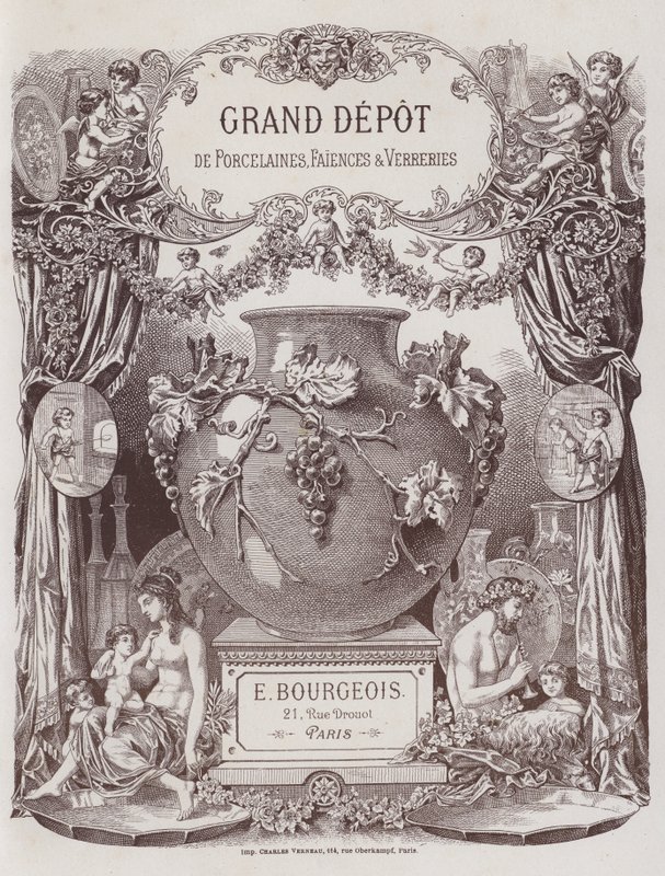Etukappale Grand Depot de Porcelaines, Faiences et Verreriesin luetteloon (värilitho) tekijältä French School