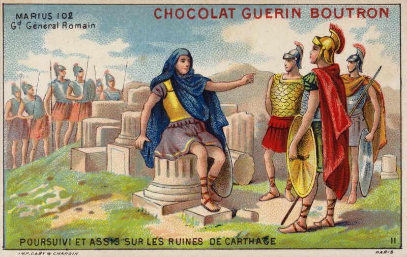 Gaius Marius maanpaossa Karthagon raunioiden keskellä (chromolitho) tekijältä French School