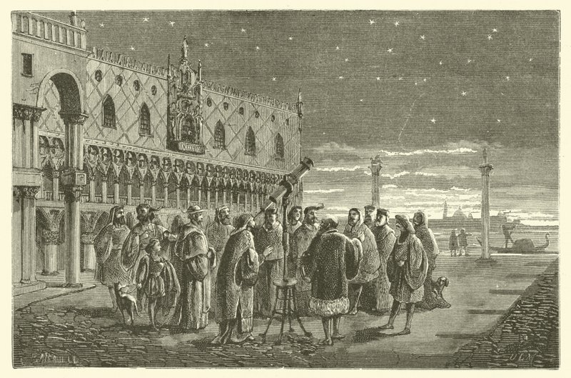 Galileo näyttää Jupiterin satelliitit Venetsian senaattoreille (kaiverrus) tekijältä French School
