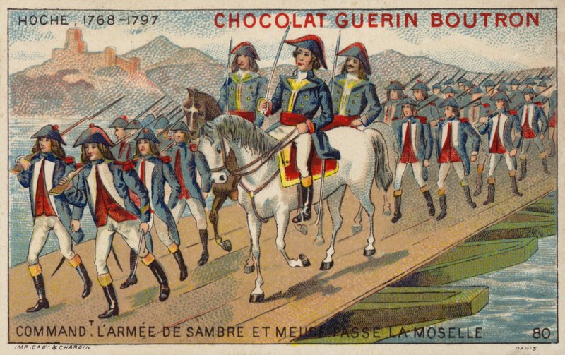 Kenraali Hoche, Sambren ja Maasin armeijan komentaja, ylittää Moselin (chromolitho) tekijältä French School