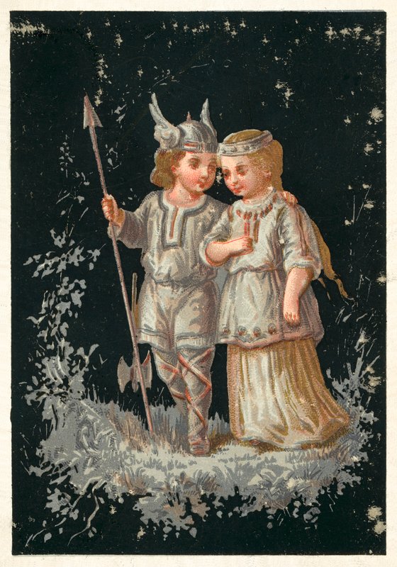 Tyttö ja poika norjalaisessa tai germaanisessa asussa (chromolitho) tekijältä French School