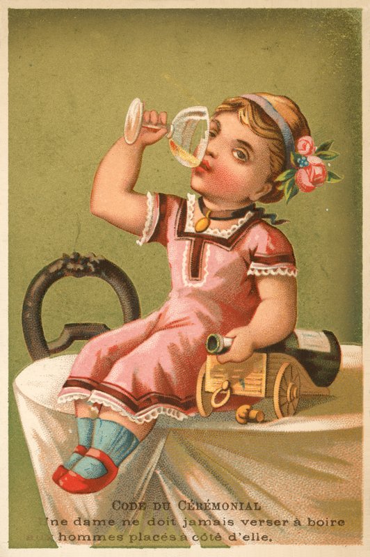 Tyttö juo samppanjaa (chromolitho) tekijältä French School