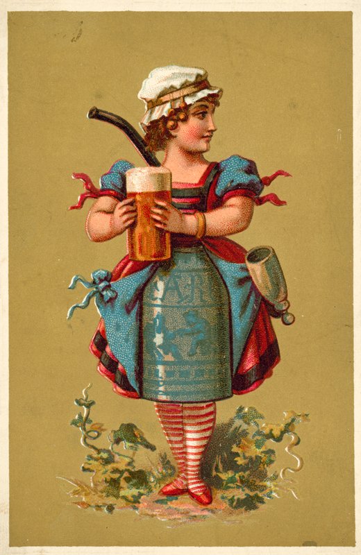 Tyttö kädessään iso lasi olutta (chromolitho) tekijältä French School