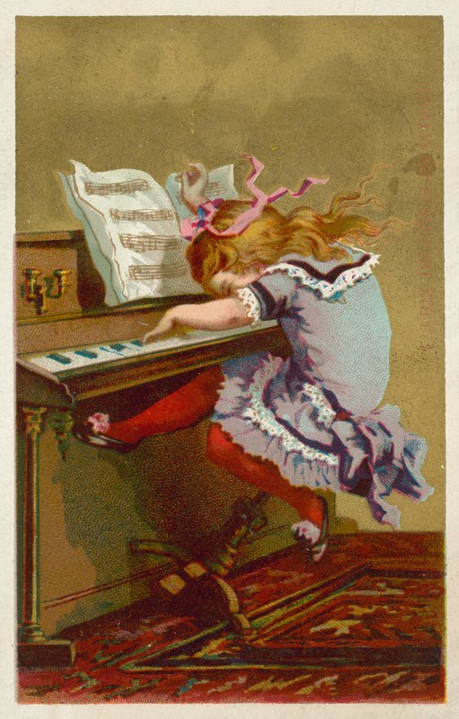 Tyttö soittaa pianoa (chromolitho) tekijältä French School