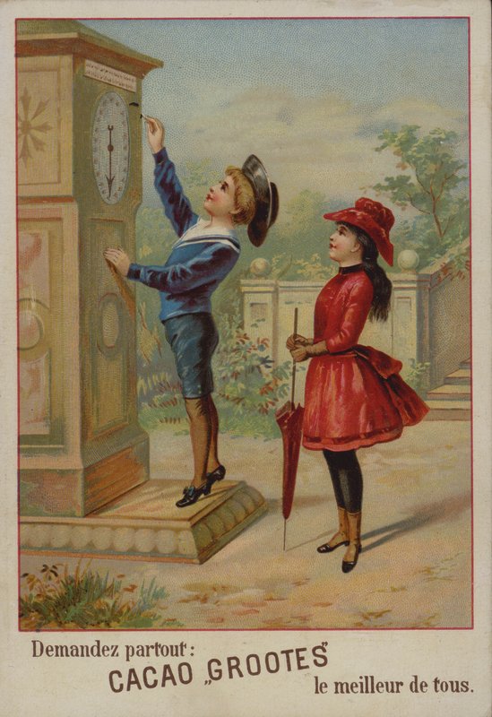 Tyttö katselee poikaa säätelemässä kelloa (chromolitho) tekijältä French School