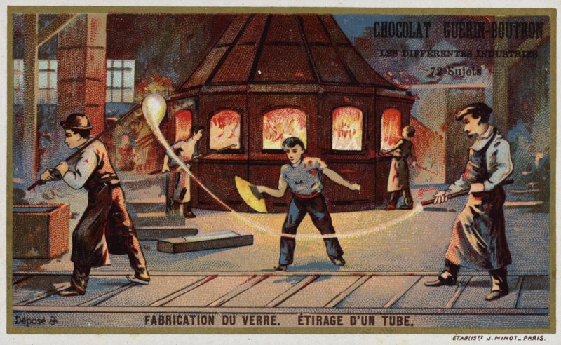 Lasin valmistus. Putken vetäminen (chromolitho) tekijältä French School