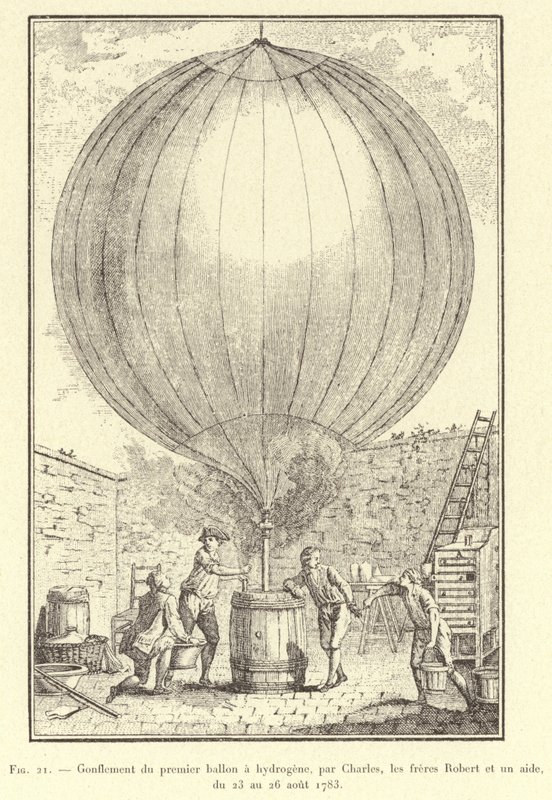 Ensimmäisen vetypallon täyttäminen, Charles, Robert-veljekset ja avustaja, 23.-26.8.1783 (kaiverrus) tekijältä French School