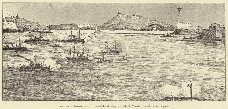 Vuoden 1891 suuret laivastoliikkeet Toulonin satamassa; laivue pakottaa passin (kaiverrus) tekijältä French School