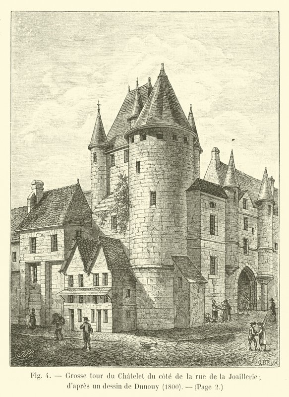 Chateletin suuri torni rue de la Joaillerien puolella; Dunouyn piirustuksen jälkeen, 1800 tekijältä French School