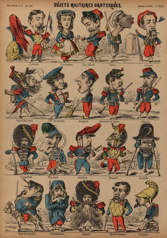 Groteski sotilaallinen karikatyyri (värillinen kaiverrus) tekijältä French School