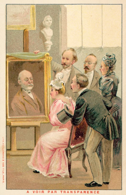 Ryhmä ihmisiä, jotka tutkivat maalausta (chromolitho) tekijältä French School