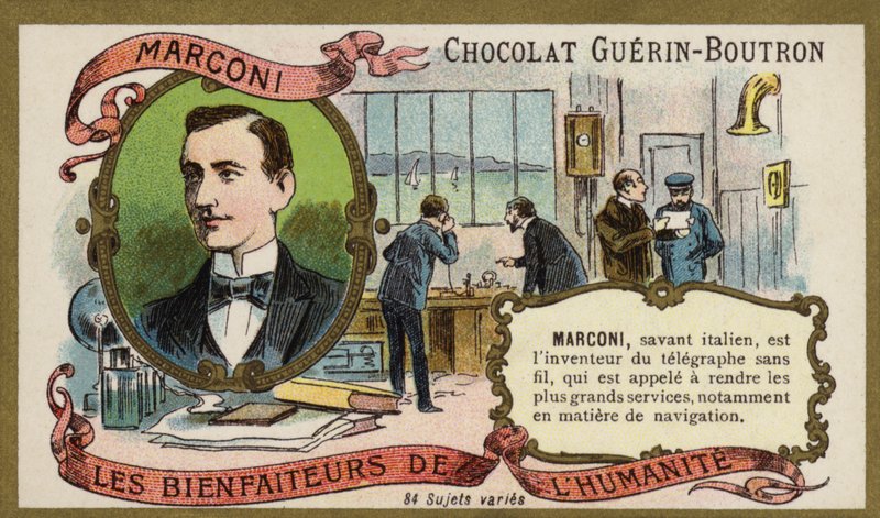 Guglielmo Marconi, italialainen keksijä ja radiopioneeri (chromolitho) tekijältä French School
