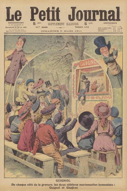 Guignol ja Gnafron, kuuluisat ranskalaiset nuket lyonilaisesta näytelmästä (värilitografia). tekijältä French School