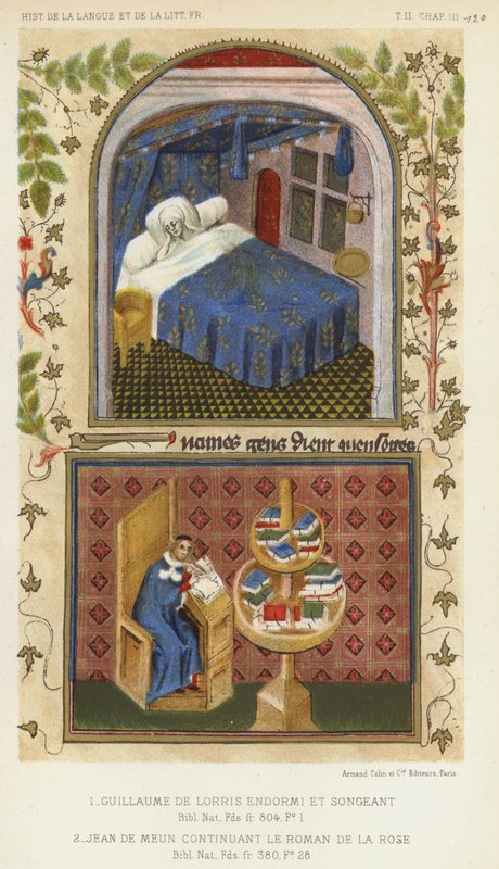 Guillaume De Lorris nukkuu ja ajattelee, Jean De Meun jatkaa roomalaista De La Rosea (väri litho) tekijältä French School
