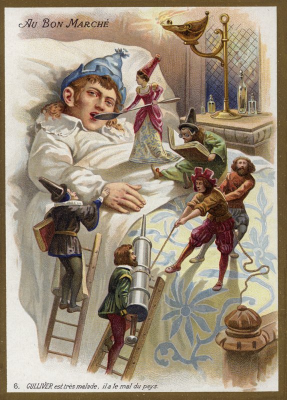Gulliver on hyvin sairas. Hän kärsii koti-ikävästä (chromolitho) tekijältä French School
