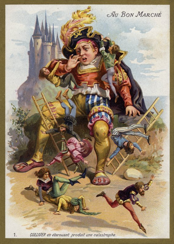 Gulliver aivastaa ja aiheuttaa katastrofin (chromolitho) tekijältä French School