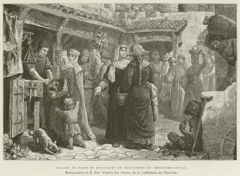 Halles De Paris ja kauppaliikkeet 1300-luvulla (kaiverrus) tekijältä French School