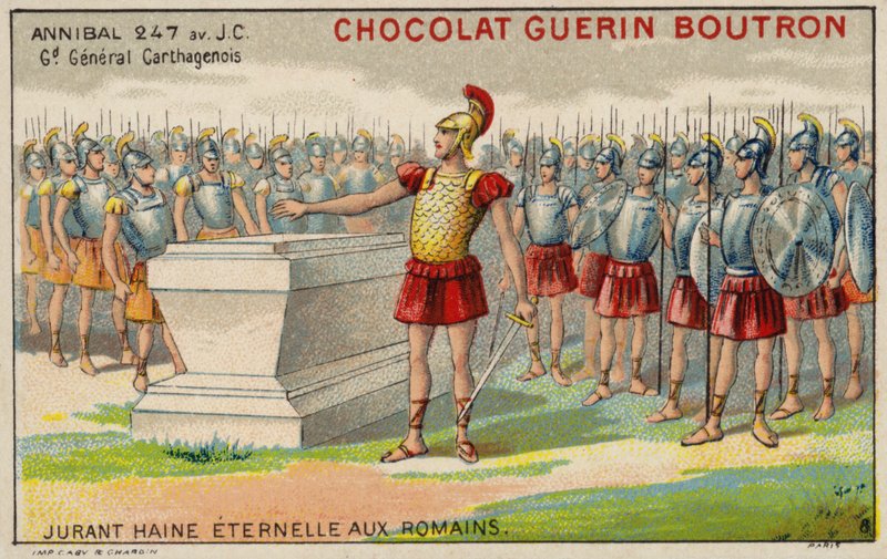Hannibal vannoo ikuista vihaa roomalaisia kohtaan (chromolitho) tekijältä French School