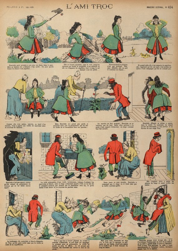 Henriette ja Troc apina (värillinen kaiverrus) tekijältä French School
