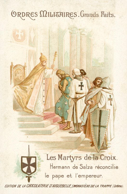 Teutoniritarien suurmestari Hermann von Salza saa aikaan sovinnon paavi Gregorius IX:n ja keisari Fredrik II:n välillä tekijältä French School