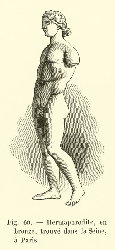 Hermafrodiitti, pronssia, löydetty Seinen uomasta, Pariisi (kaiverrus). tekijältä French School