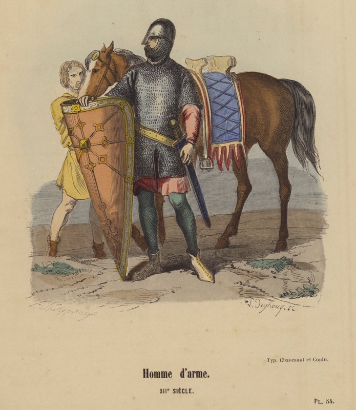 Man-at-Arms, XIIth Century (värillinen kaiverrus) tekijältä French School