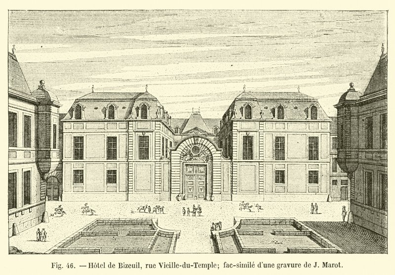 Hotel de Bizeul, rue Vieille-du-Temple; faksimile J Marotin kaiverruksesta tekijältä French School