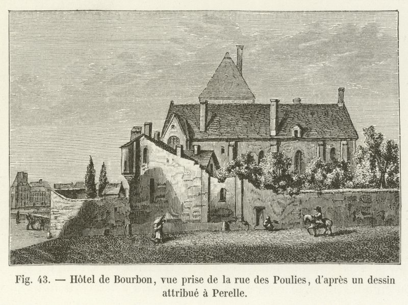 Hôtel de Bourbon, näkymä rue des Poulies -kadulta, Perellelle kuuluvan piirustuksen mukaan tekijältä French School