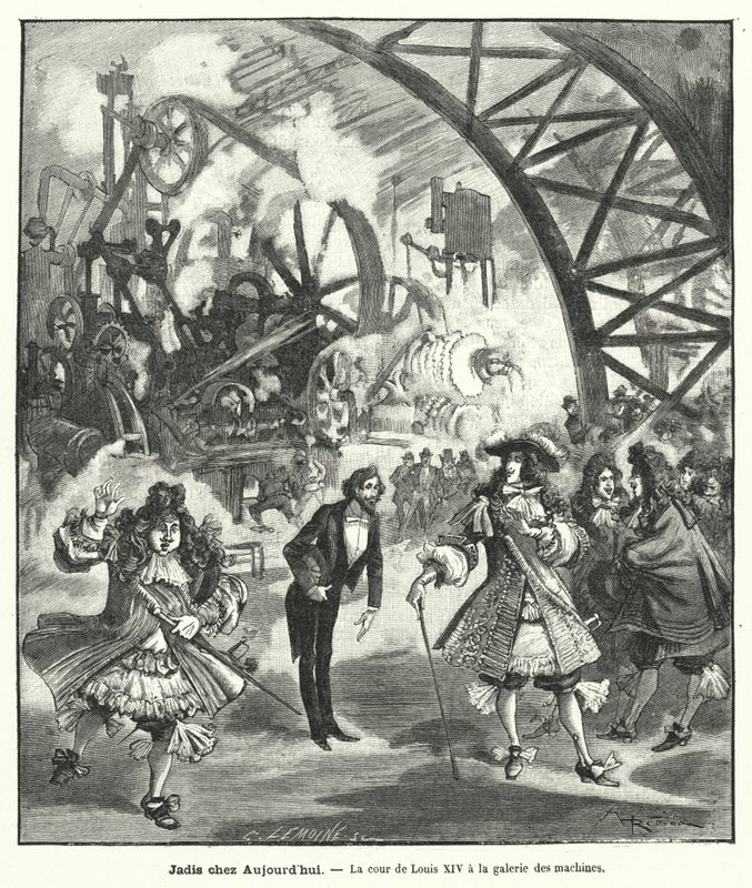 Kuningas Ludvig XIV:n ja hänen hovinsa kuviteltu vierailu Pariisin Exposition Universelle -näyttelyn koneiden paviljonkiin vuonna 1889 (kaiverrus) tekijältä French School