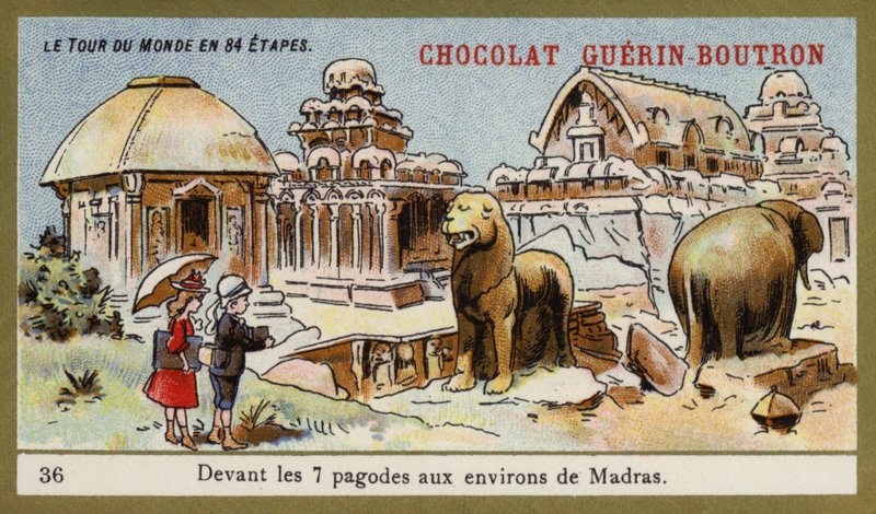 Seitsemän temppelin edessä Madrasin alueella (chromolitho) tekijältä French School