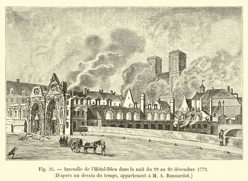 Tuli Hôtel-Dieussa yöllä 29. ja 30. joulukuuta 1772, M A Bonnardotille kuuluvan ajan piirtämisen jälkeen. tekijältä French School