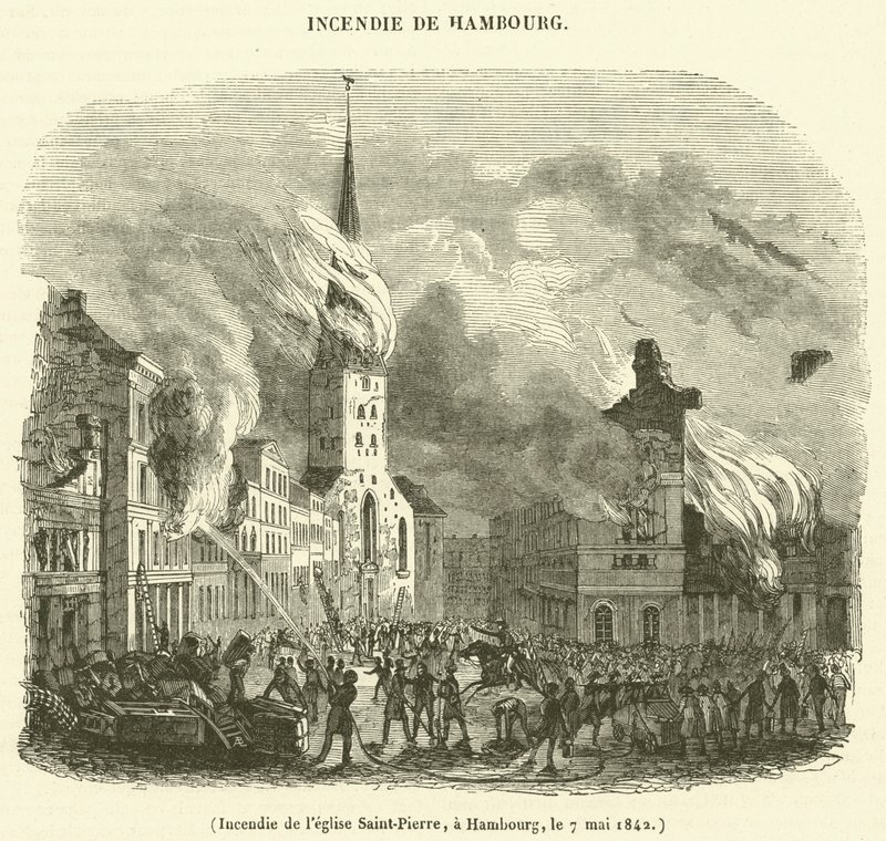 Pyhän Pietarin kirkon palaminen, Hampuri, 7. toukokuuta 1842 (kaiverrus) tekijältä French School
