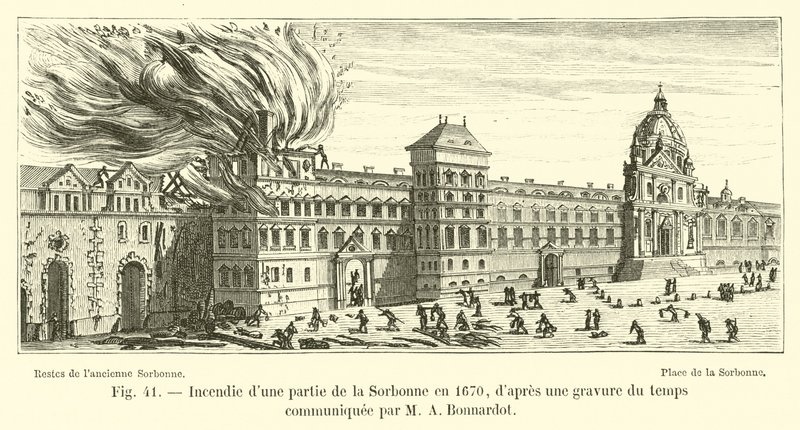 Tulipalo osassa Sorbonnea vuonna 1670, M A Bonnardotin ilmoittamasta kaiverruksesta tekijältä French School