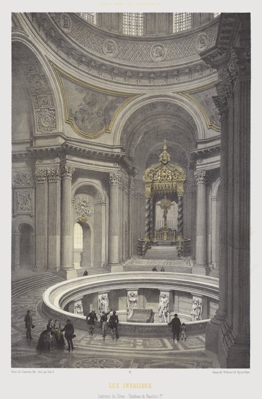 Napoleon I:n kupolin ja haudan sisustus, Les Invalides, Paris (väri litho) tekijältä French School