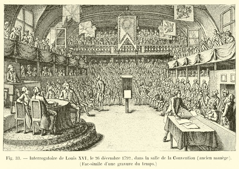 Ludvig XVI:n kuulustelu 26. joulukuuta 1792 Salle de la Conventionissa, entisessä ratsastuskoulussa, faksimile aikaisesta kaiverruksesta tekijältä French School