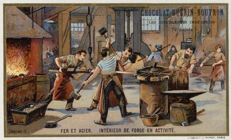 Rauta ja teräs. Vilkkaan sepän sisätilat (chromolitho) tekijältä French School