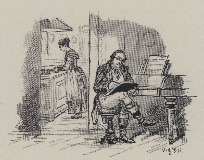 Italialainen säveltäjä Gioachino Rossini säveltää kotona (kaiverrus) tekijältä French School