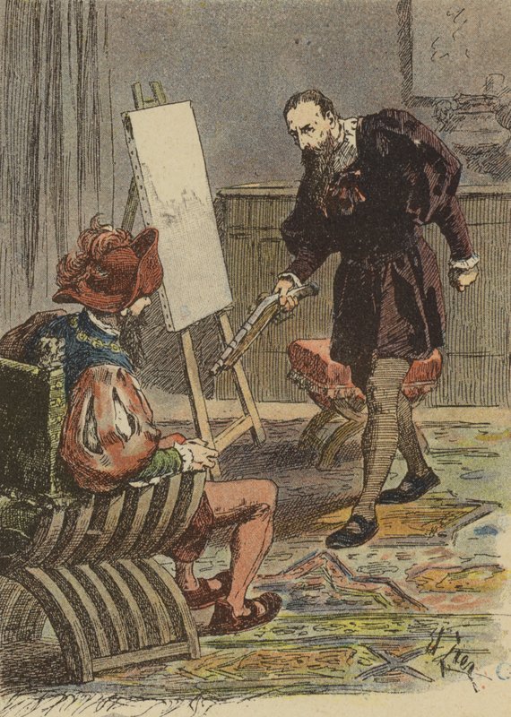 Italialainen taidemaalari Tintoretto lähestyy pistoolilla aseistettua Pietro Aretinoa ottaakseen mittansa muotokuvaa varten tekijältä French School