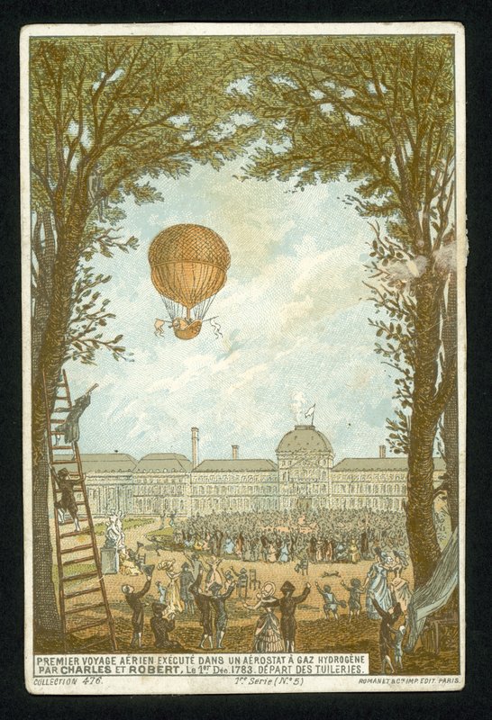 Jacques Charles ja Marie-Noel Robert nousevat ensimmäisen vetypallolla, Pariisi, 1. joulukuuta 1783 tekijältä French School