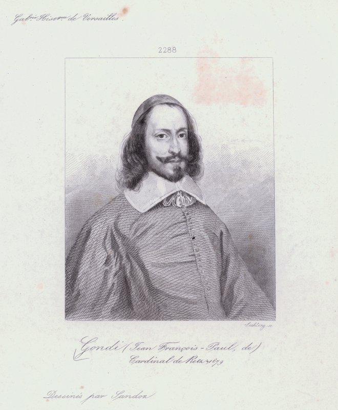 Jean Francois Paul de Gondi, kardinaali de Retz, ranskalainen pappi ja agitaattori Fronden sisällissodassa (kaiverrus) tekijältä French School