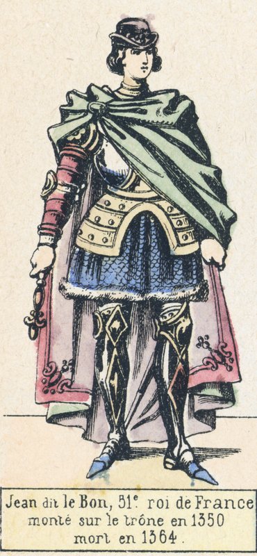 Jean dit le Bon, 51. Ranskan kuningas, nousi valtaistuimelle vuonna 1350, kuoli vuonna 1364 (värinen kaiverrus) tekijältä French School