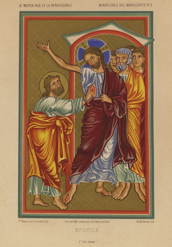Jeesus Kristus kantaa ristiinnaulitsemisen haavoja (chromolitho) tekijältä French School