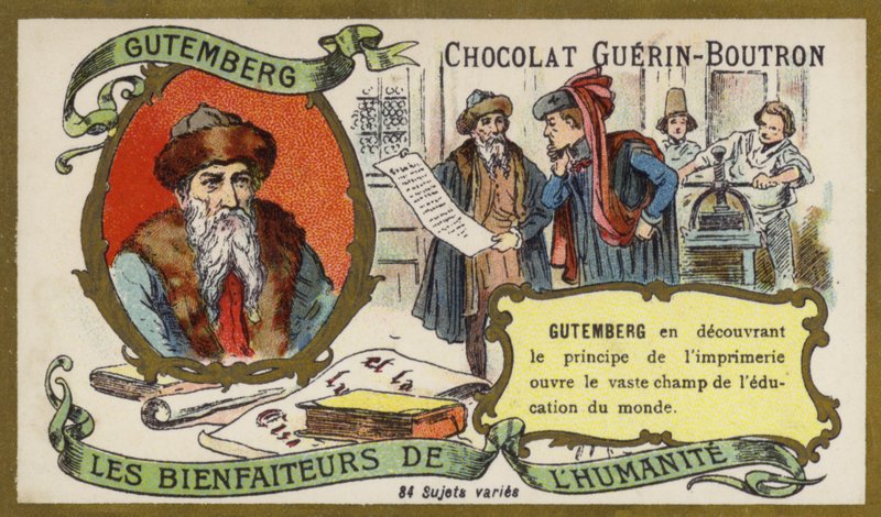 Johannes Gutenberg, saksalainen kaivertaja, keksijä ja painaja (chromolitho) tekijältä French School