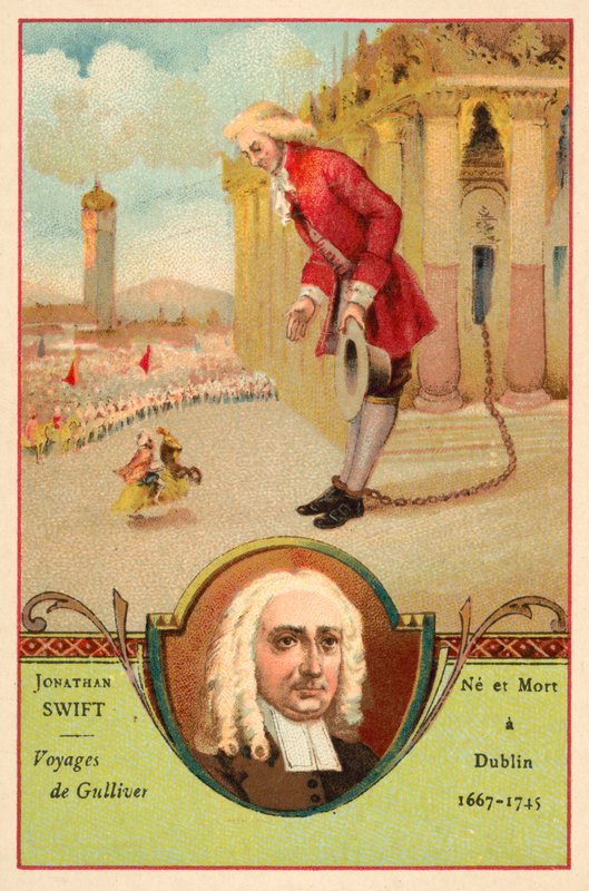 Jonathan Swift, irlantilainen kirjailija ja kohtaus romaanistaan Gulliverin matkat (chromolitho) tekijältä French School