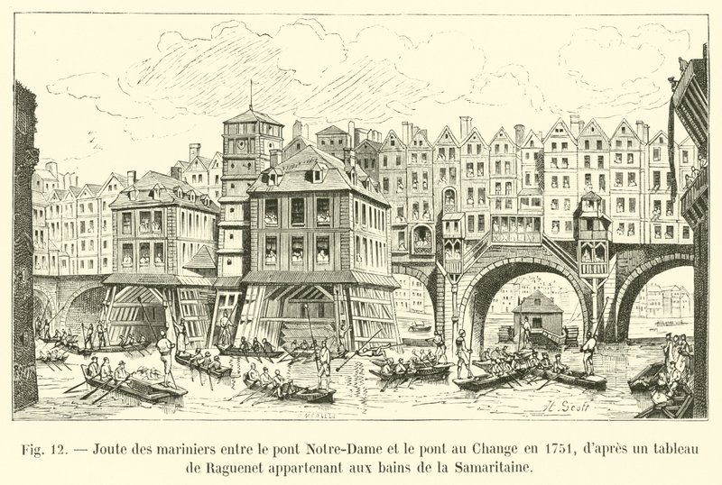 Merimiesten turnaus Notre-Damen sillan ja Change-sillan välillä vuonna 1751 Raguenetin Samaritaine-kylpylään kuuluvan maalauksen jälkeen tekijältä French School