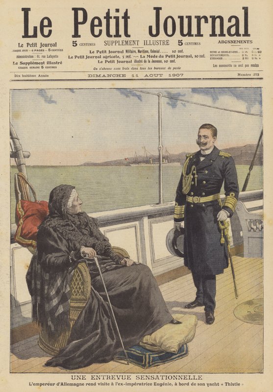 Saksan keisari Wilhelm II vierailee entisen keisarinna Eugenien, Ranskan Napoleon III:n lesken, luona tämän jahtilla Thistle (väri litho) tekijältä French School