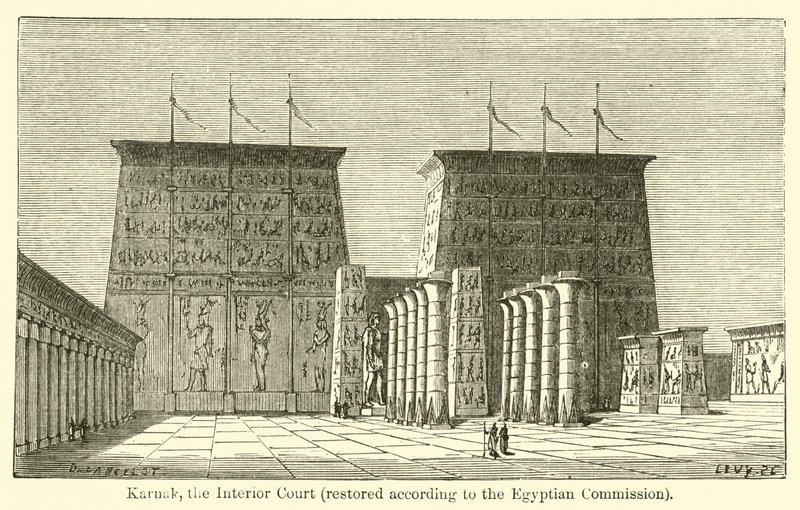 Karnak, sisätuomioistuin, entisöity Egyptin komission mukaan (kaiverrus) tekijältä French School